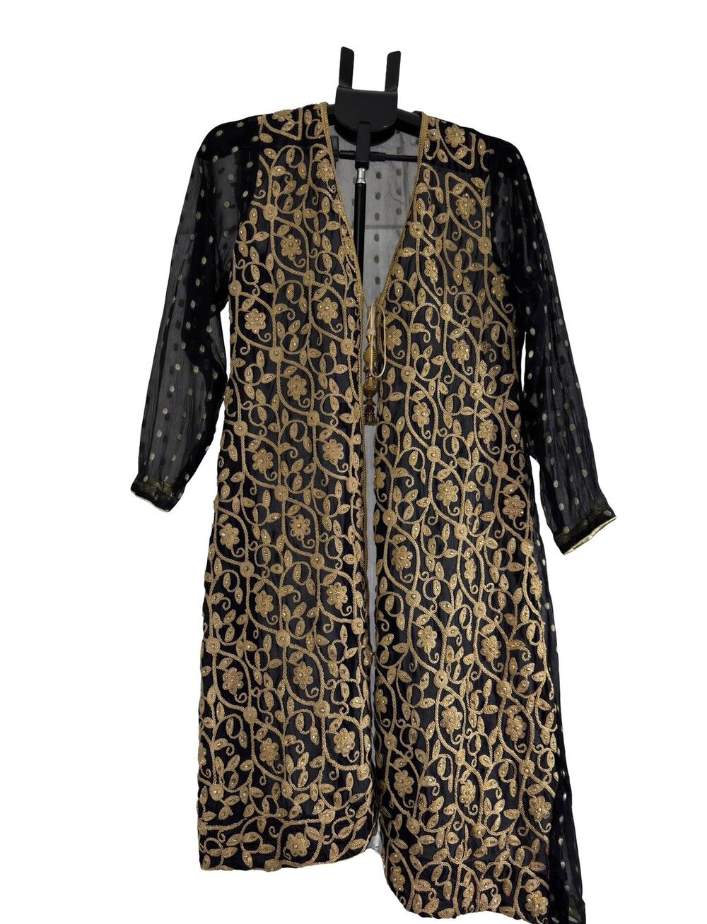 Handmade Black Gold chiffon Embroidered Long Jacket 21x40